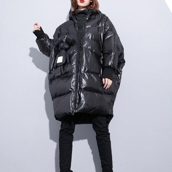 fine black down jacket plus size hooded cotton coat Elegant zippered pockets over coat