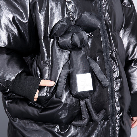 fine black down jacket plus size hooded cotton coat Elegant zippered pockets over coat