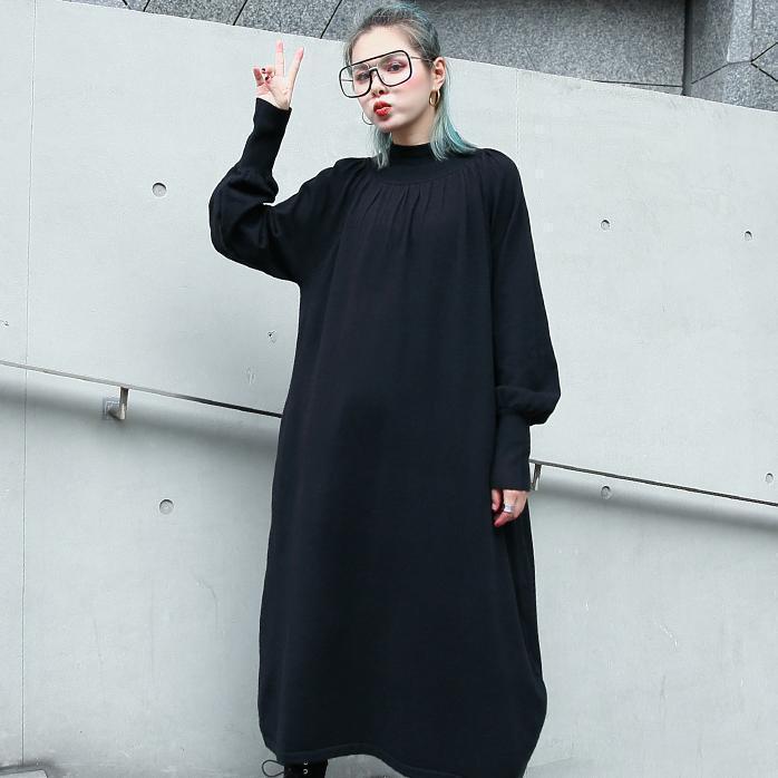 feines schwarzes Herbstkleid plus Größenkleidung Stehkragen 2018 Taschen Baggy-Kleider