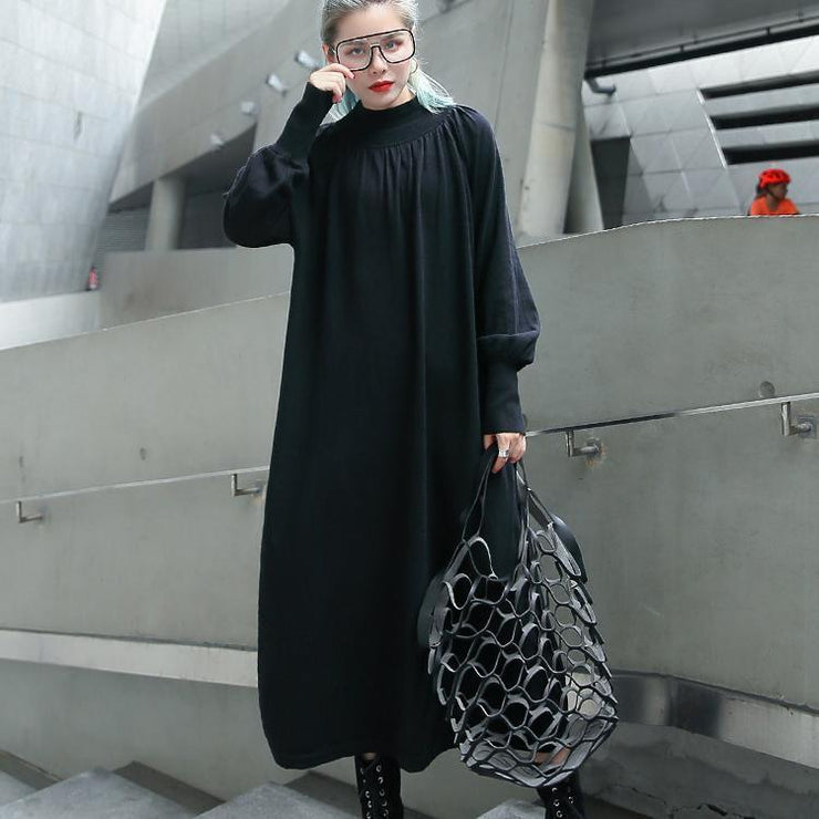feines schwarzes Herbstkleid plus Größenkleidung Stehkragen 2018 Taschen Baggy-Kleider