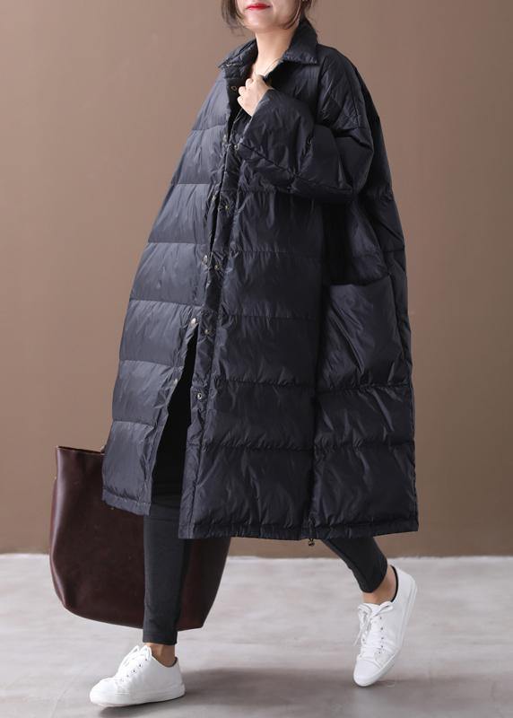 fine black goose Down coat plus size winter jacket stand collar Large pockets overcoat - SooLinen