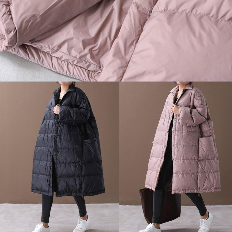 fine black goose Down coat plus size winter jacket stand collar Large pockets overcoat - SooLinen
