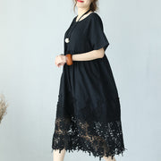 fine black linen dress Loose fitting O neck linen clothing dresses Elegant short sleeve baggy dresses