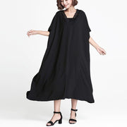 fine black linen shift dress casual linen maxi dress women V neck patchwork cotton dress