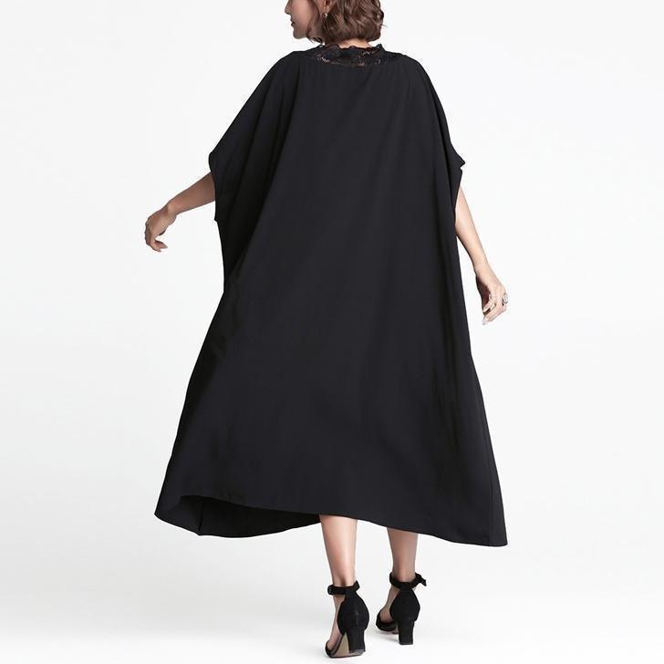 feines schwarzes Leinen-Etuikleid lässiges Leinen-Maxikleid Damen Patchwork-Baumwollkleid mit V-Ausschnitt