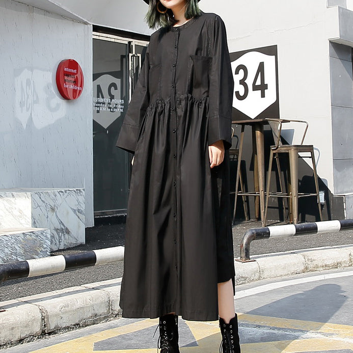 feine schwarze lange Baumwollkleider Locker sitzendes Stehkragen-Baumwollkleidungskleid Neue elastische Taillen-Baumwollkaftane