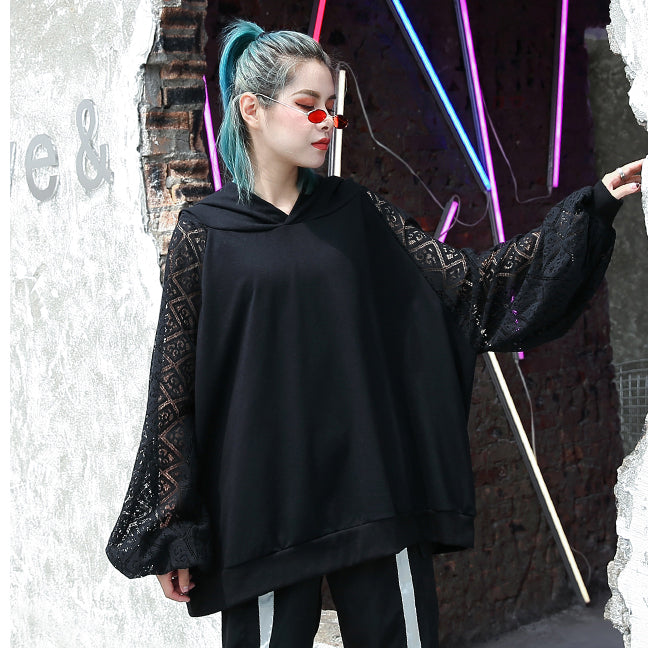 fine black natural cotton blended t shirt oversized hooded clothing tops fine lace patchwork long sleeve tops