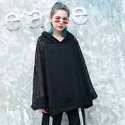 fine black natural cotton blended t shirt oversized hooded clothing tops fine lace patchwork long sleeve tops