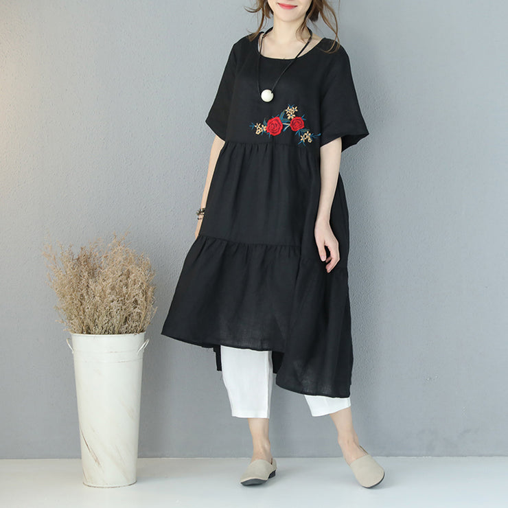 fine black natural linen dress plus size embroidery linen clothing dress casual patchwork kaftans