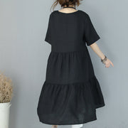 fine black natural linen dress plus size embroidery linen clothing dress casual patchwork kaftans