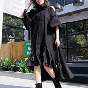 fine black patchwork cotton maxi dress trendy plus size hollow out gown casual asymmetric hem cotton caftans