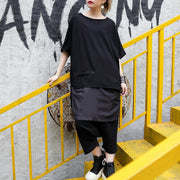 feine schwarze Bluse aus reinem Leinen lässiges Leinen-Baumwoll-T-Shirt Feine Patchwork-Baumwollhemden mit asymmetrischem Saum