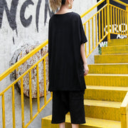 feine schwarze Bluse aus reinem Leinen lässiges Leinen-Baumwoll-T-Shirt Feine Patchwork-Baumwollhemden mit asymmetrischem Saum