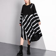 fine black striped 2018 fall plus size dresses asymmetrical design vintage O neck cotton blended dress