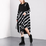 Feines schwarz gestreiftes Herbstkleid 2018 in Übergröße, asymmetrisches Design, Vintage-Kleid mit O-Ausschnitt aus Baumwollmischung