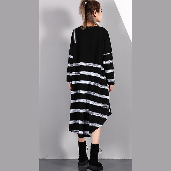 fine black striped 2018 fall plus size dresses asymmetrical design vintage O neck cotton blended dress