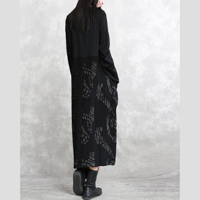 feines schwarzes gestreiftes Herbst-Baumwollmischkleid plus Größenkleidung O-Ausschnitt-Patchwork-Baumwollmischkleid beiläufige Maxikleider mit langen Ärmeltaschen