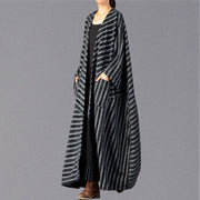 fine black striped maxi coat plus size pockets long coat women large hem winter coats