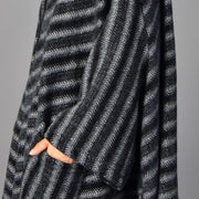 fine black striped maxi coat plus size pockets long coat women large hem winter coats