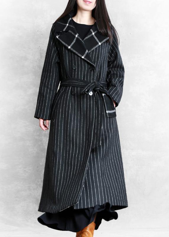 fine black striped wool coat oversized trench coat Notched patchwork - SooLinen