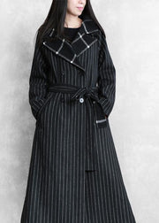 fine black striped wool coat oversized trench coat Notched patchwork - SooLinen
