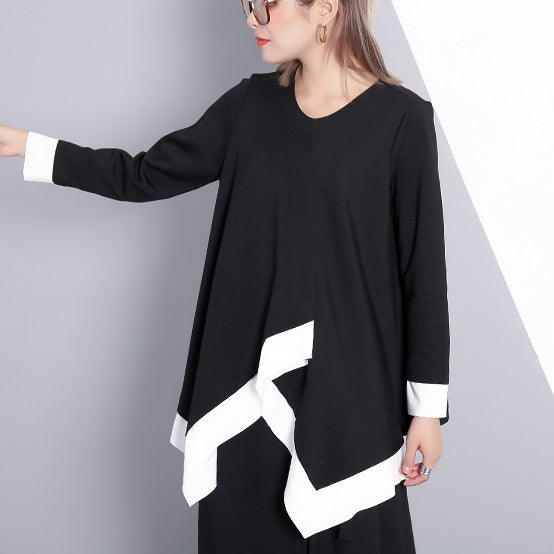 fine black t shirt Loose fitting V neck traveling blouse vintage asymmetrical design cotton blended tops