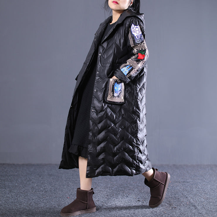 fine black winter down coat Loose fitting hooded down coat Luxury embroidery pockets winter down coat