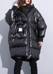 fine black winter outwear plus size Coats hooded zippered overcoat - SooLinen