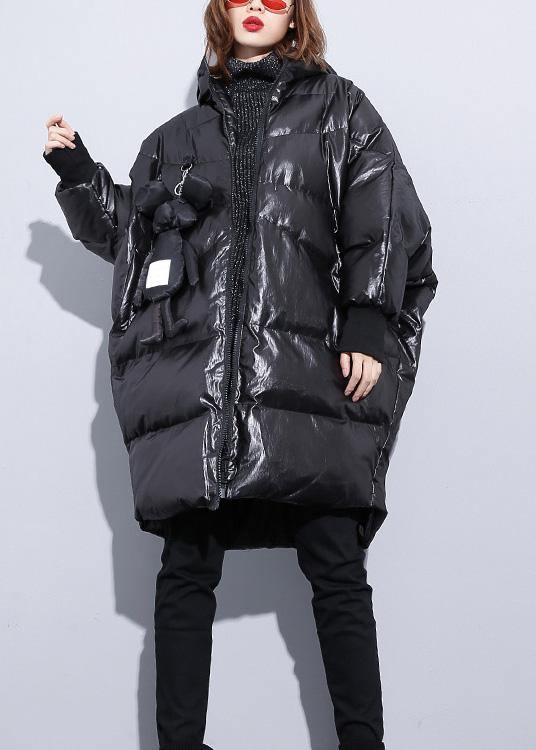 fine black winter outwear plus size Coats hooded zippered overcoat - SooLinen