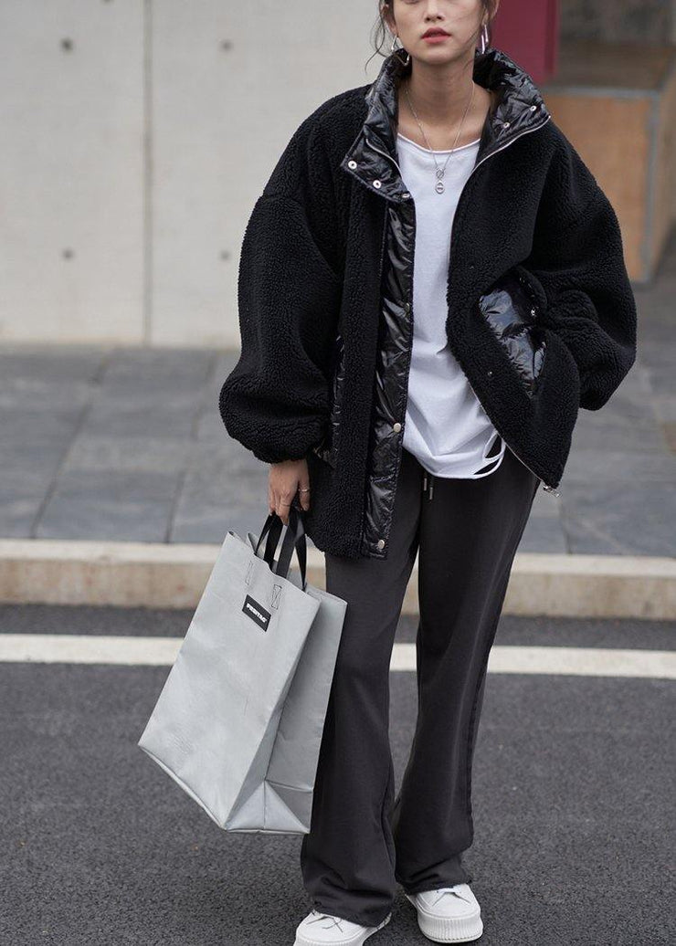black wool coat stand collar patchwork women coats - SooLinen
