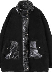 black wool coat stand collar patchwork women coats - SooLinen