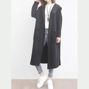 fine black woolen outwear oversized big pockets long coats hooded jackets