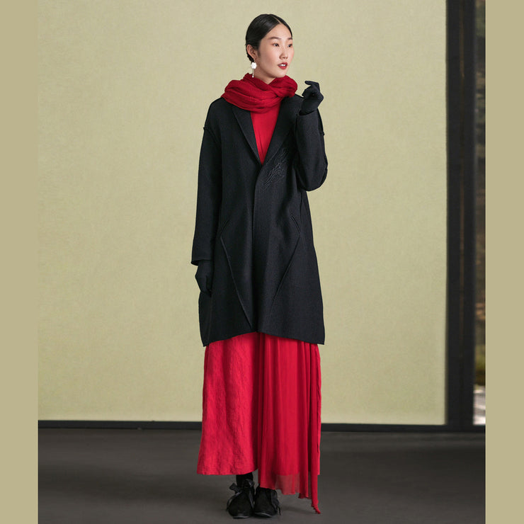 feine schwarze Wolloberbekleidung plus Größe Langarm Jacken &amp; Mäntel Stickerei Damenmäntel
