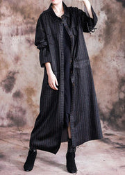 fine black woolen overcoat oversize Coats fall women coats striped - SooLinen