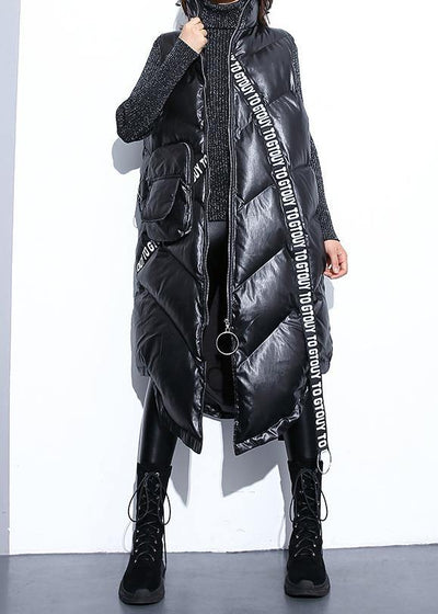 fine black zippered Parkas trendy plus size warm winter coat sleeveless overcoat low high design - SooLinen