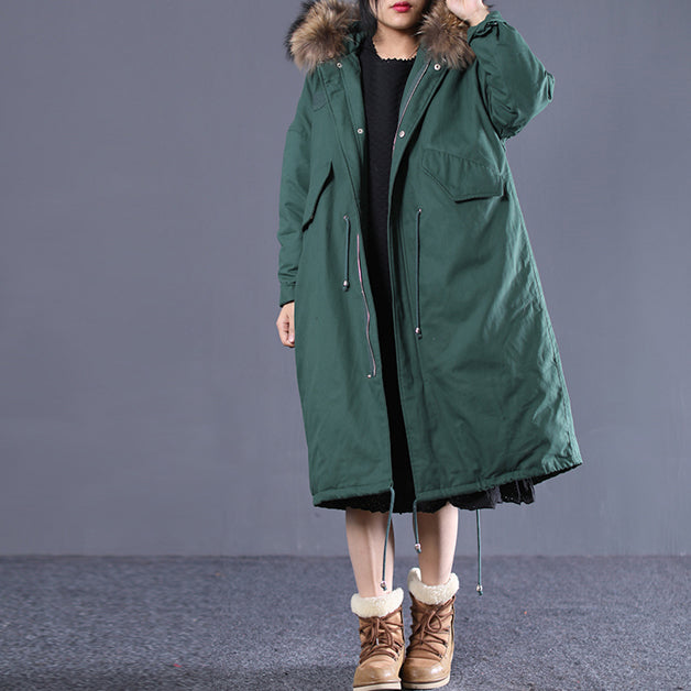 feine schwarzgrüne Puffers Jacken Kleidung mit Kapuze Pelzkragen Steppmantel Neue Taschen mit Kordelzug Winteroberbekleidung