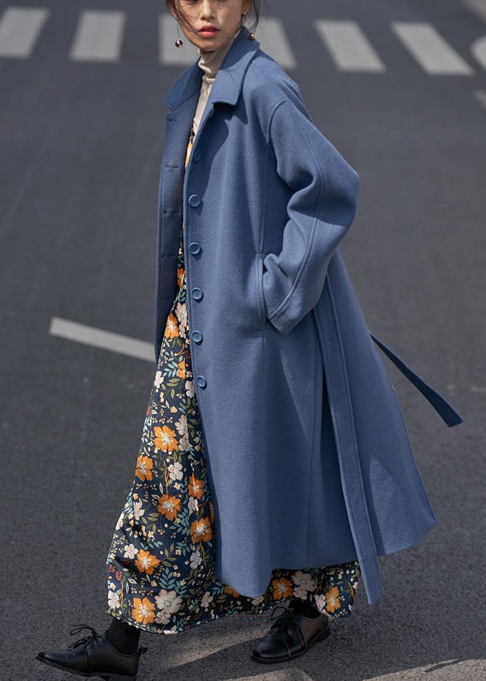 blue Woolen Coats Women oversize Notched tie waist long coat - SooLinen