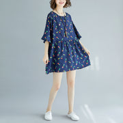 fine blue cotton shift dresses plus size clothing maxi dress casual Half sleeve floral v neck cotton dress