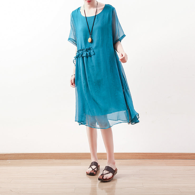 fine blue green Midi chiffon dresses plus size clothing chiffon maxi dress 2018 o neck asymmetric ruffles cotton dress