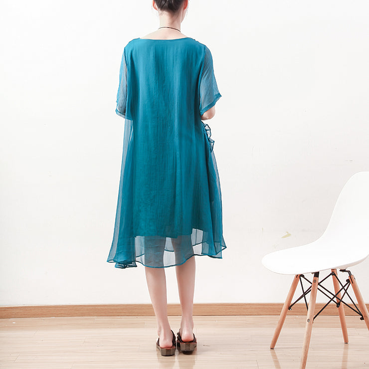 feine blaugrüne Midi-Chiffonkleider plus Größenkleidung Chiffon-Maxikleid 2018 asymmetrisches Rüschen-Baumwollkleid mit O-Ausschnitt