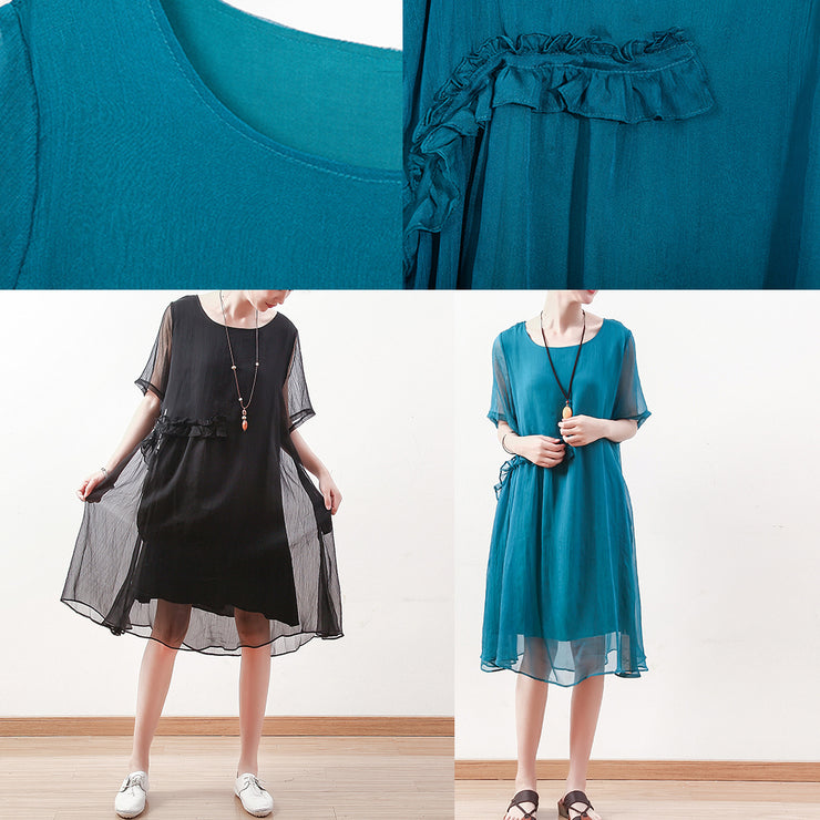 feine blaugrüne Midi-Chiffonkleider plus Größenkleidung Chiffon-Maxikleid 2018 asymmetrisches Rüschen-Baumwollkleid mit O-Ausschnitt