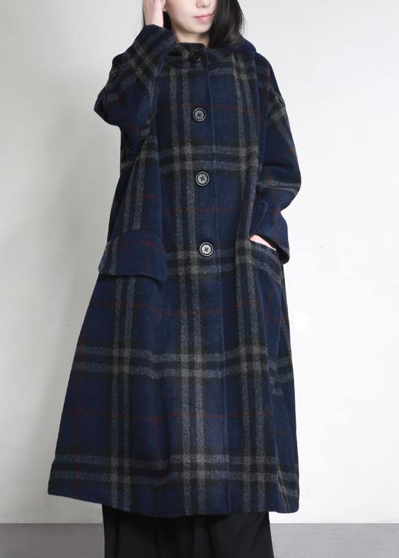 fine blue plaid woolen overcoat oversized hooded pockets Winter coat women coats - SooLinen