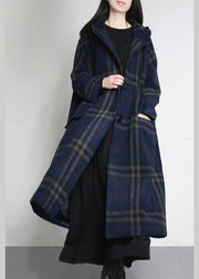 fine blue plaid woolen overcoat oversized hooded pockets Winter coat women coats - SooLinen