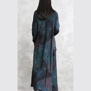 fine blue print fall dress trendy plus size v neck tie waist tunic caftans Fine long sleeve pockets maxi dresses