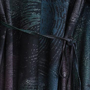 feines Herbstkleid mit blauem Druck, trendige Plusgröße, V-Ausschnitt, Taillentunika, Kaftane, feine Maxikleider mit langen Ärmeln und Taschen