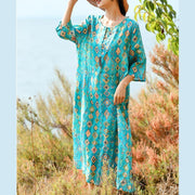 feines blaues bedrucktes natürliches Leinenkleid plus Größenkleidung O-Ausschnitt Leinen-Maxikleid Vintage halbe Ärmel Baggy-Kleider