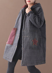 fine blue winter outwear oversized snow jackets patchwork Appliques pockets outwear - SooLinen
