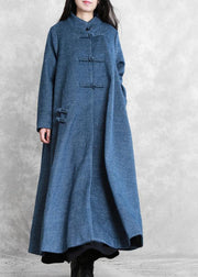 fine blue wool overcoat Loose fitting stand collar Chinese Button long coats - SooLinen