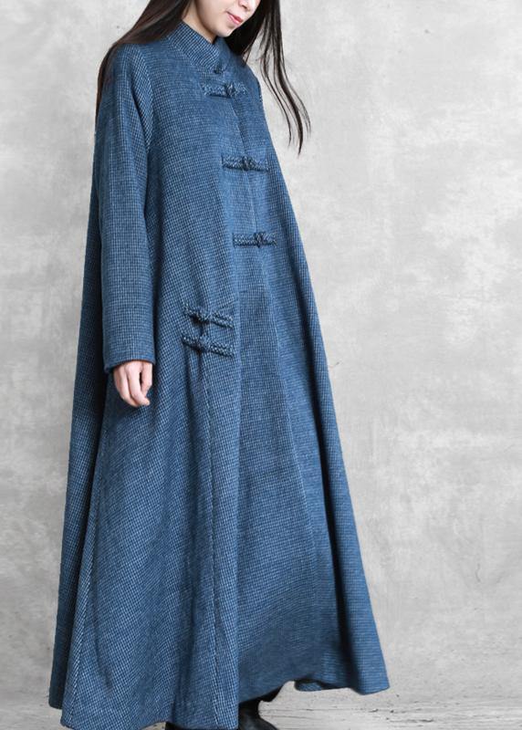 fine blue wool overcoat Loose fitting stand collar Chinese Button long coats - SooLinen