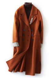 fine brown Woolen Coats plus size clothing maxi side open Notched coat - SooLinen